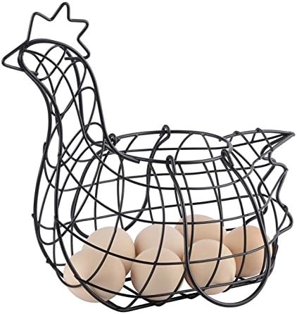 Farmhouse Style Chicken Design Egg Basket | Decorative Kitchen Storage Baskets | Coated Metal Wire Vintage Chicken Eggs Poultry Duck | Black