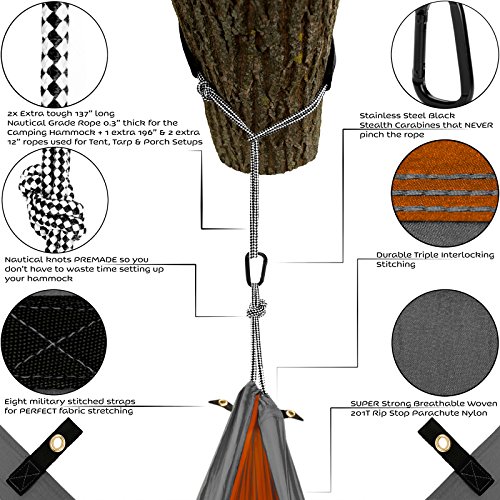Double Hammock Camping Gear Straps | Best Portable Parachute Nylon 2 Person Folding Hammock with Tree Hanging Straps, Rope & Instruction Booklet | Ideal for Travel, Hiking & Backpacking