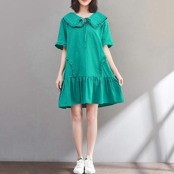 Amazon チュニック ワンピース 夏用 レディース 襟付き 半袖 ショート丈 膝上丈 フレア スカート 着痩せ ゆったり 可愛い 女の子 森ガール ナチュラル 清楚 学生 シンプル 大きいサイズ グリーン ワンピース チュニック 通販