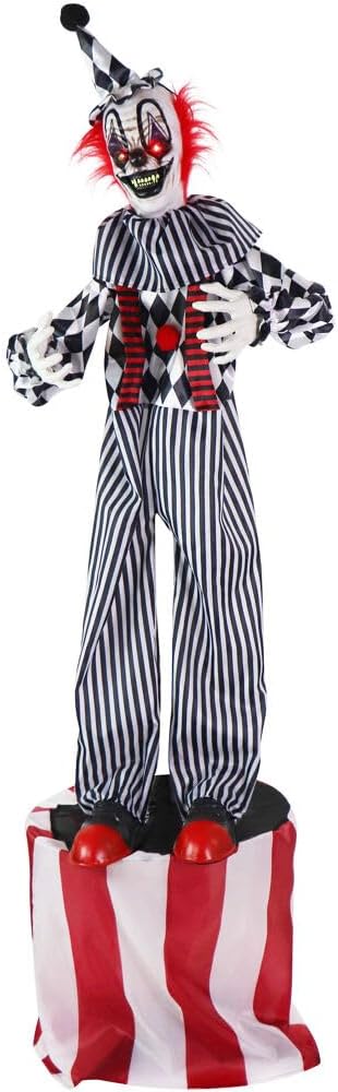 Outdoor Holiday Decorations - Haunted Hill Farm Animatronic Talking Clown on a Stage with Movement and Light-Up Eyes for Battery Operated Scary Indoor or Covered Outdoor Halloween Decoration