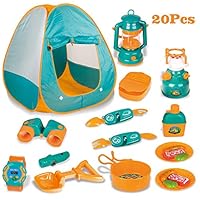 LBLA 20 PCs Kids Camping Set , Pop Up Tent with Kids Camping Gear Set, Pretend Play Camping Toys Tools Set for Kids