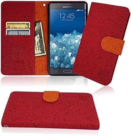 Note Edge Cork Wallet Case, ID / Credit Card 1 Cash Slot, Power Magnetic Clip For Samsung Galaxy NoteEdge Cover Flip Diary 2 Tone (Red with Orange)