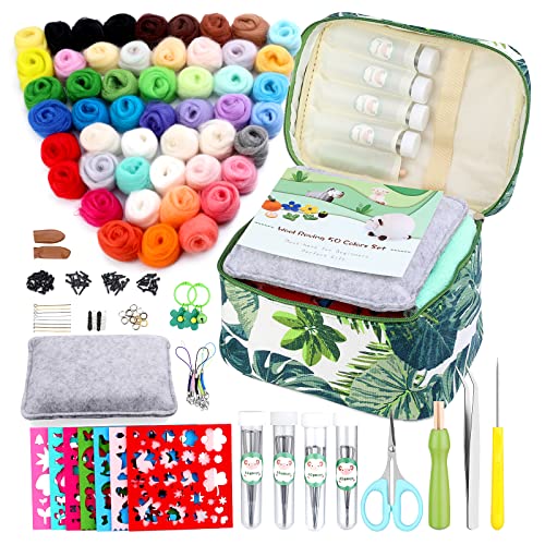 IMZAY Needle Felting Kit, Wool Roving 50 Colors Set with Exquisite Green Storage Bag, Needle Felting Starter Kit, Needle Felting Tools Kit, Wool Felt Tools for Felted Animal Needle Felting Supplies