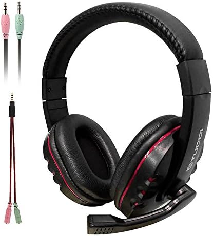 Wired Headset, MMHDZ X6 Game Headphone with Microphone Volume Control Noise Reduction Easy Accessible Button Controls, Rotating Ear Cups, Leather Sports Performance Ear Pads (Black+Red)