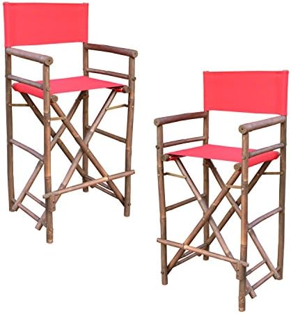 Zew Hand Crafted Tall Foldable Bamboo Director's Chair with Treated Canvas, Set of 2 Chairs, Espresso Finish, Red