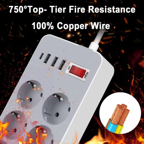 Multiprise, 4 Ports USB (3 USB A + 1 USB C) et 6 Prises de Courant avec Protection Contre Les surtensions Prise de câble d\'extension de Charge pour différents modèles - Câble de 1,2 m - Gris