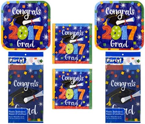 Graduation Party Kit 2017 Plates, Napkins,Tablecloth Graduation Supplies Serves 28 Blue Multi