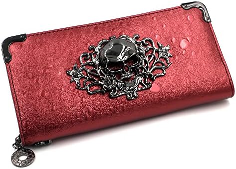 LACASA Women's Wicked Skull Leather Zipper Wallet Purse Bag - Red