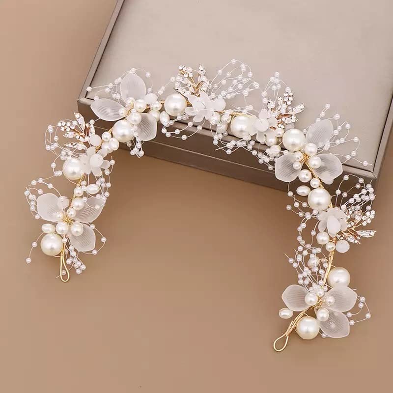 ICYBYAMON Bride Headband, Wedding Party Hair Band Rhinestones Hair Crown Crystal Pearl Hair Pc Tiara Hairbands Elegant Wedding Jewellery Accessories, Gold,White, 32.5cm x 3cm