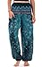 TEAL HAREM PANTS for Women in Boho Hippie Plume Print - Authentic Thai Genie Yoga Pants - Medium