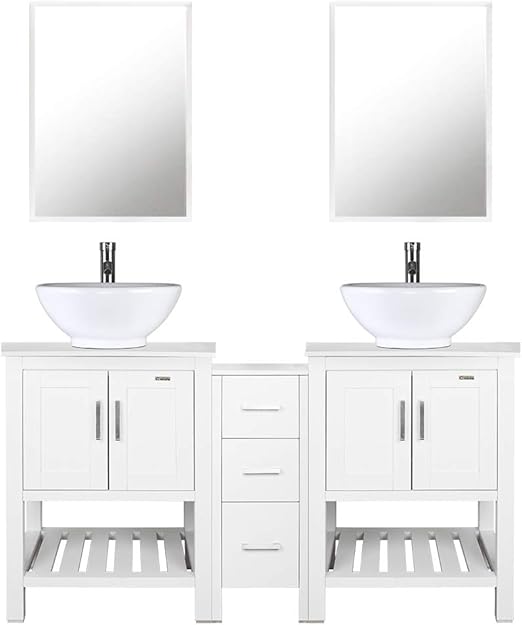 Amazon Com Eclife 60 Bathroom Vanity Sink Combo White W Side Cabinet Modern Stand With Round White Ceramic Vessel Sink Chrome Bathroom Solid Brass Faucet And Pop Up Drain Combo W Mirror A06 2b06w Kitchen