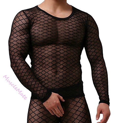MuscleMateÂ® UltraHot Men s Compression Long Sleeves Top Shirt, Net See Through Ultimte Sexiness, Hot Men s Sport Shirt, Bodysuit Pleasant Surprise Thing Men s Hot Wear (M, Black)