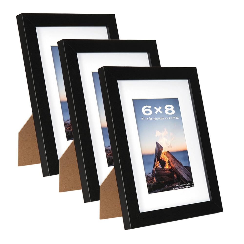 Scholar Tree Black 8x6 Photo Frames Set of 3 - Wooden Picture Frames for Table Top and Wall Mounting with 6x4 Mat