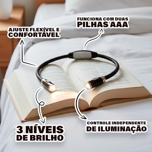 Luz de Leitura de Pescoço Dobrável Portátil - Luz de Pescoço para Livro - Longa Duração - Ideal Para Leitura, Crochê, Corrida e Costura - Nível de Iluminação Ajustável 3 Níveis