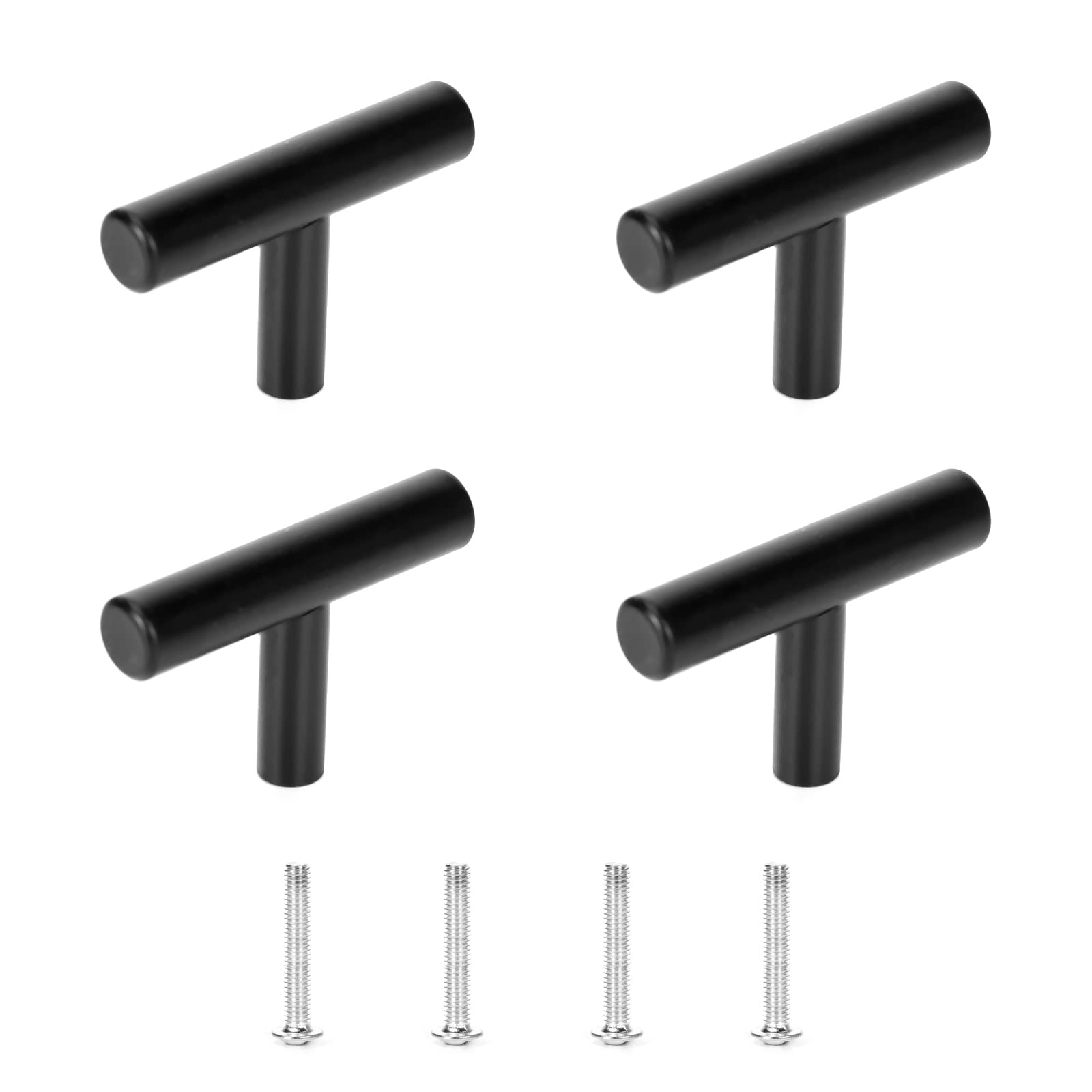 Ruimou 4Pcs Round 1.97'' Matte Black Stainless Steel Handles(Single Hole) with Screws for Kitchen Cabinet,Furniture Drawer Pulls (Flat Black)