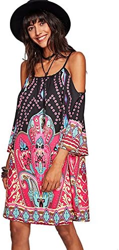 Poptem Women Tribal Print Tunic Boho Cute Beach Dress Bohemian Cold Shoulder Summer Shift Dress