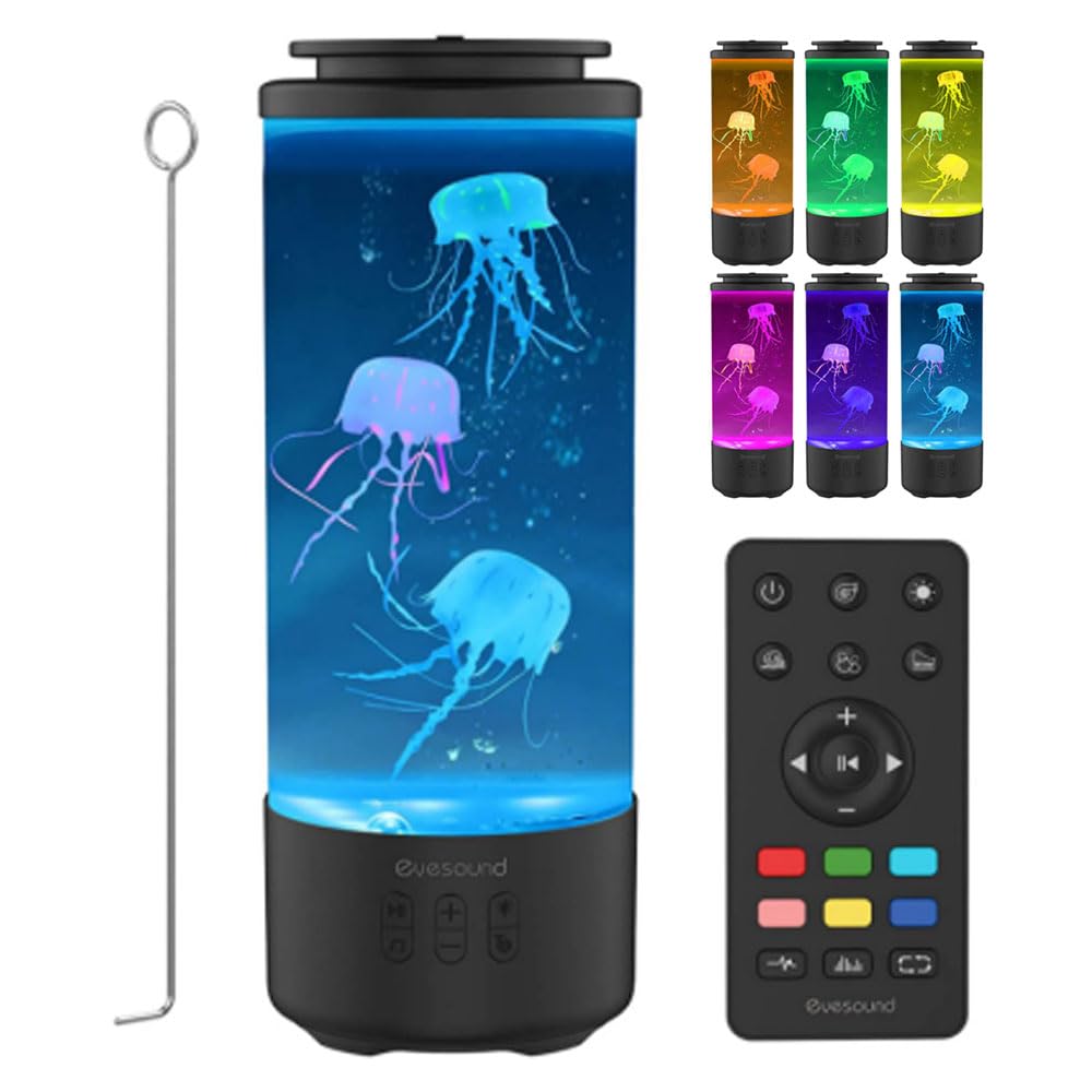 Les-Theresa 7 Color Jellyfish Lamp, Jelly Fish with 4 Light Modes Jelly Fish Jellyfish Tank Light Bluetooth Speaker Fish Sensory Lamp for Home Office Room (Black)
