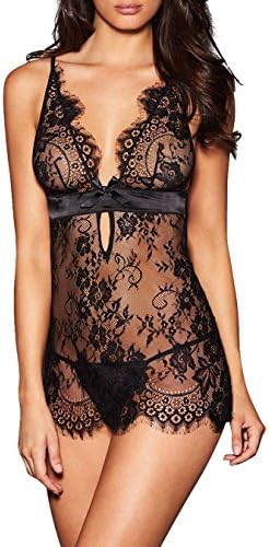 Anlove Women Sexy Lingerie Black Eyelash Lace Chemise Babydoll Nightwear Set See-Through