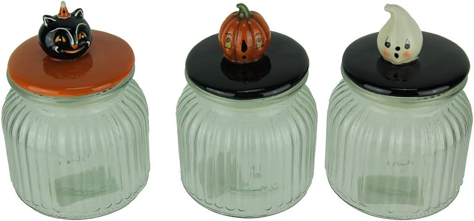 Transpac Set of 3 Pumpkin Peeps Vintage Look Halloween Glass Jars