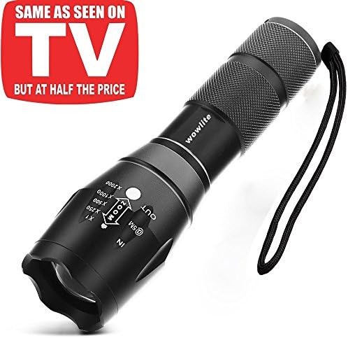 Tactical Flashlight, Wowlite 1600 LM Ultra Bright - CREE XML T6 LED Taclight As Seen On Tv with 5 Light Modes and Adjustable Focus for Emergency Camping Hiking (1 pack)