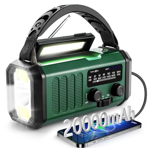 Radio Dynamo Survie 20000mah Radio Solaire SW/AM/FM Radio d'urgence Portable Alarme SOS avec Lampe de Lecture Boussole Générateur à Manivelle et Solaire Charge d'urgence pour Smartphones