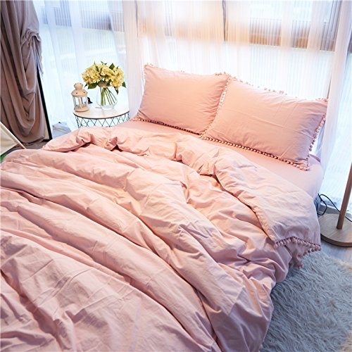 Meaning4 Pom poms Fringe Cotton Duvet Cover Pink Twin Size 68 x 90inches - Thumbnail 4
