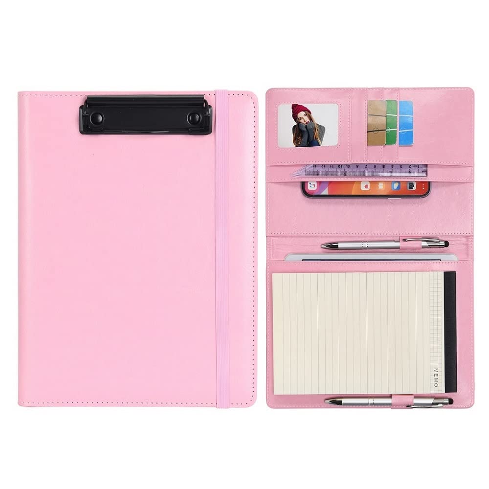 Wonderpool A5 Faux Leather Clipboard Partfolio Recipe Binder Notepad Forms Holders Document Case - Interview Planner Meeting Writing Padfolio File for Office Travel School Hotel Restaurant (A5,Pink)