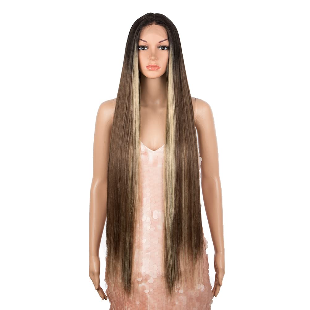 Style Icon Super Long Straight Lace Front Wig for Women 38 Inch Long Straight Hair T Part Wig Pre Plucked Synthetic Heat Resistant Fiber (TTOL4/30S/26J)