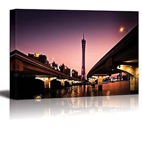 Guangzhou Canton Tower View Under Two Bridges at Nightfall Time for Home or Office Art - Canvas Art Wall Art - 12" x 18"