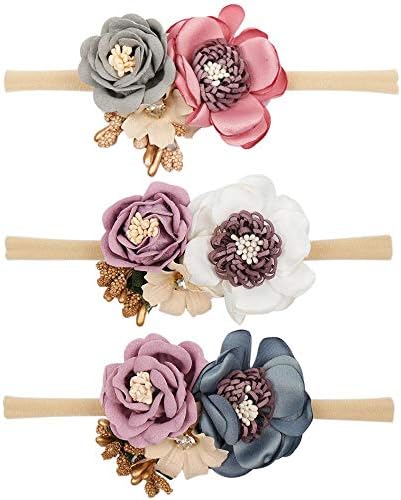 Ncmama Baby Girls Floral Headbands Nylon Elastic Floral Hair Band For Newborn Infant Toddler Pack of 3