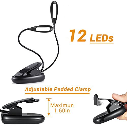 MustWin 12 LED Clip On Book Light, Rechargeable Reading Light 9 Levels Brightness, Music Stand Light Travel Lamp for Kids, eBook Readers, Music Players with USB Cable