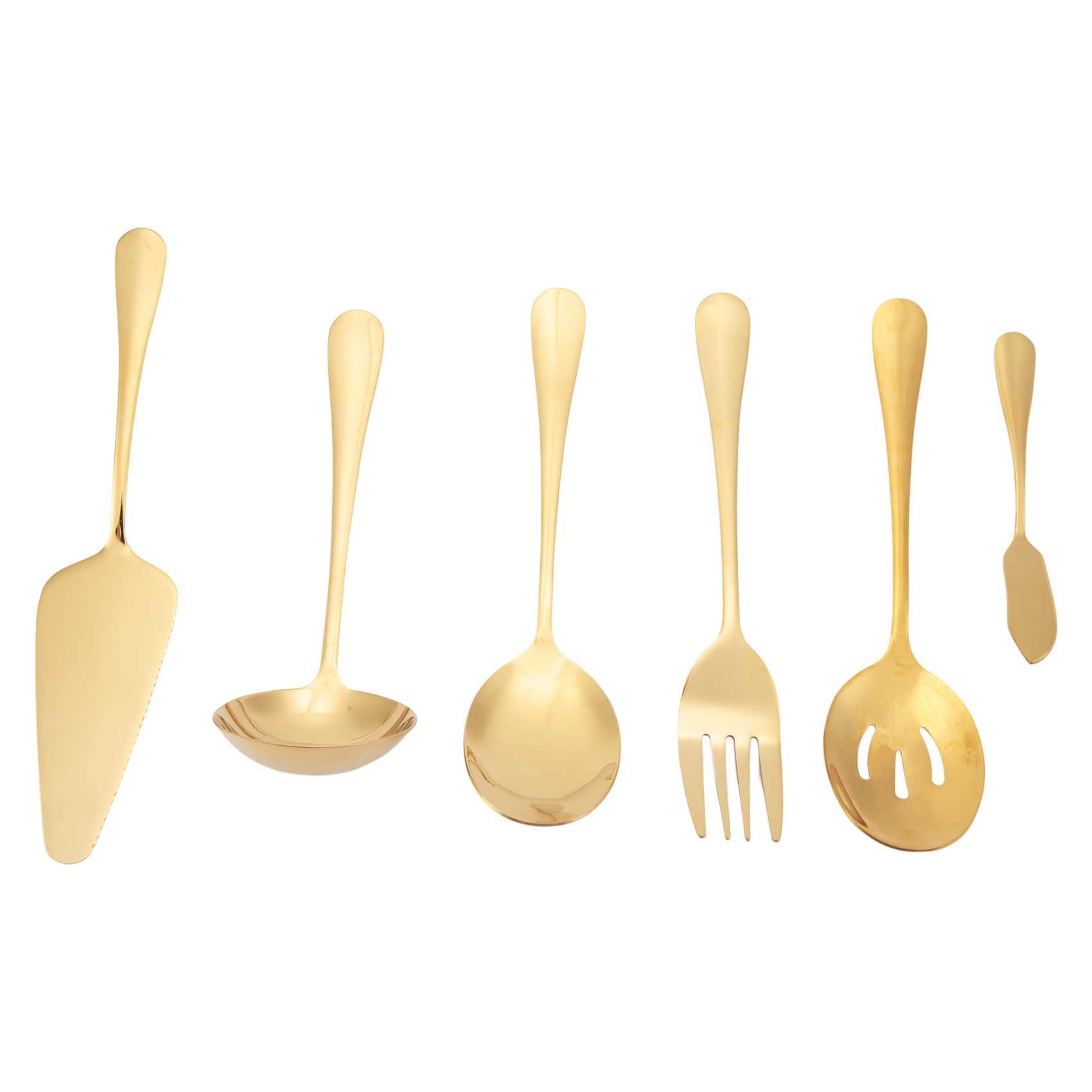 yksiahfi 6-Piece Serving Flatware Silverware Set, Serving Utensil Set,Include Cake Server, Slotted Serving Spoon Gold
