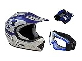 TMS Youth Kids Blue Flame ATV Dirt Bike Motocross Helmet with Goggles and Gloves (Large)