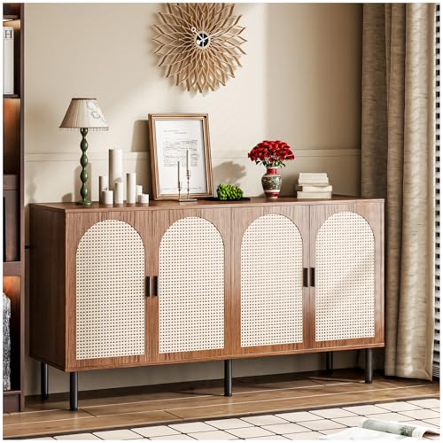 Simple Wisdom Alacenas para Cocina 1.2 M,Bufetera Mueble con 4 Puertas,Credenza Bufetera con 4 Puertas de Ratán Natural,para Cocina, Comedor, Sala de Estar. (Color Nogal)