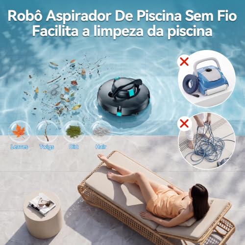 Robo Aspirador Piscina Sem Fio Por 130min, Até 102㎡, Filtro 180μm | Aspirador de Piscina com Recarga 3h, IPX8, Vedação Total sem Vazamentos, para Todos os Tipos de Piscina