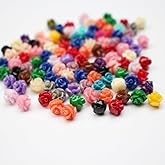 50Pcs Artificial Coral Rose Flower Beads Mix Color Multi-Size Cabochon Carved Loose Bead for Jewelry Making Bracelet Necklace Earring Craft DIY Accessoies (6mm)