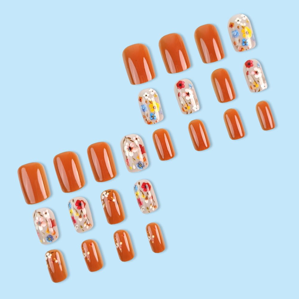 Flower Press on Nails Short Square Spring Nails Press ons Medium Orange Fake Nails with Floral Design Glue on Nails Glossy Floral False Nails Full Cover Acrylic Stick on Nails for Women Girls 24Pcs - Image 5