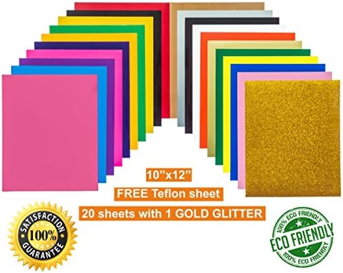 Heat Transfer Vinyl (HTV) 20 Sheets with 1 Gold Glitter, 1 Bonus Teflon 12''x10'' 19 Assorted Colors for Cameo, Heat Press, DIY T-Shirts. Easy to Cut & Weed for Beginners & Professionals
