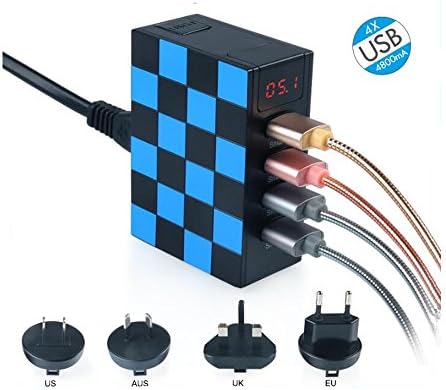 FunPay Smart Multiple USB Charger Universal Travel Adapter with Digital Tube Display for Travelers All Over The World (Black+Blue)