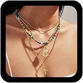 Iaceble Boho Layered Beaded Necklace Choker Pearl Shell Starfish Pendant Necklace Summer Beach Choker Necklace Multilayer Gold Choker Necklace Seed Bead Chain Necklace Jewelry for Women