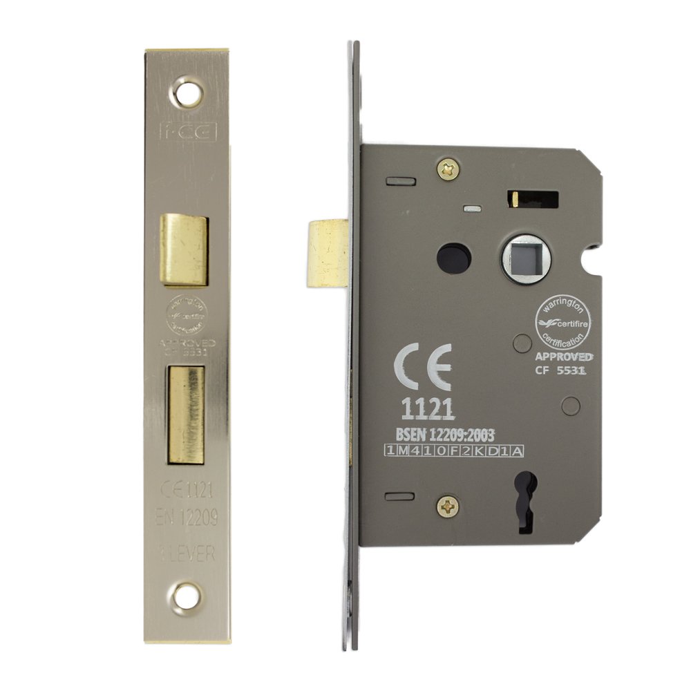Fire Rated Satin Nickel Plated 3 Lever Sashlock 63 mm CE Rated