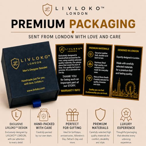 LIVLOKO LONDON Mens Bracelet Leather Black Multi-Layer Stone Beads Magnetic Adjutable Steel Clasp Viking Rope Bands Surfer Man Wristband Male UK Jewellery Gift box Boyfriend Dad Son Brother Tiger Eye