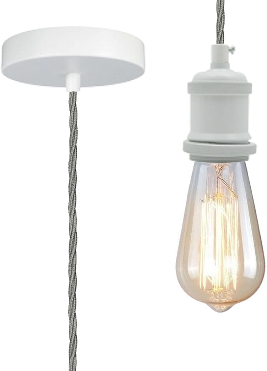LEDSone Vintage E27 Pendant Light Fitting with Grey Twisted Braided Cable – Ceiling Lamp Holder for Kitchen Bar Loft