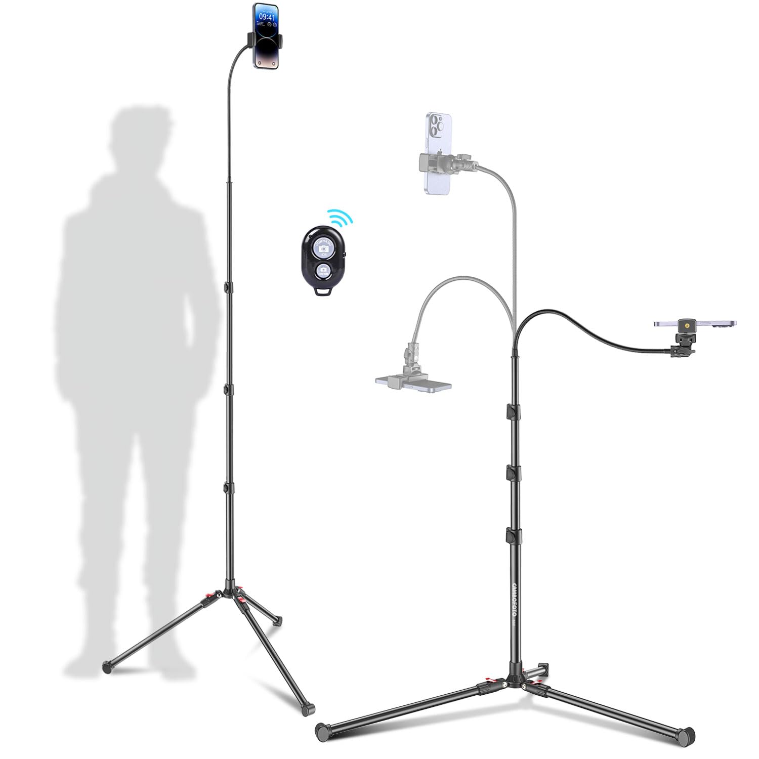 CAMBOFOTO 87" Phone Tripod, Overhead Flexible Tall Tripod Stand with Remote, Selfie Stick, Compatible with iPhone, 15.7" Gooseneck/Adjustable 360 Head, Gopro/Ring Light/Webcam/Video Recording/Vlogging