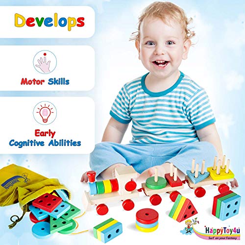 image for HappyToy4u WOODEN PUZZLE TRAIN TOY 25-Piece, Educational Pull-Along Tr