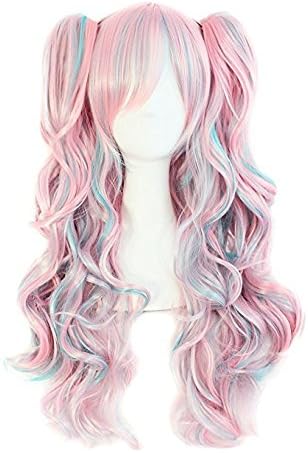 Devatno Multi-color Lolita Long Curly Clip on pigtail Wig pink pigtail wig (Red /Blue/Grey) of Japanese Kanekalon for Daily Wear / Party / Birthday / Carnival / Cosplay