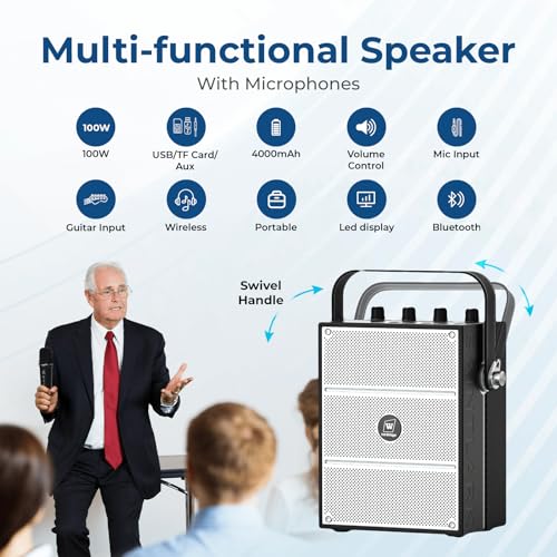 100W Powerful Voice Amplifier with 2 Wireless Microphones, Big Pro Sound Portable Speaker with Microphone, Bluetooth Speaker PA System Karaoke Machine Support BT/USB/TF Card/Aux/Guitar RBS99