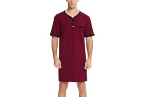 Enjoyoself Men's Nightshirt Nightwear Comfort Cotton Sleep Shirt Henley Short Sleeve Lounge Sleepwear