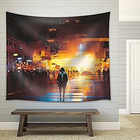 Man Standing on Street Looking at Futuristic City at Night, Sci-Fi Concept, Illustration Painting - Fabric Wall Tapestry Home Decor - 51x60 inches