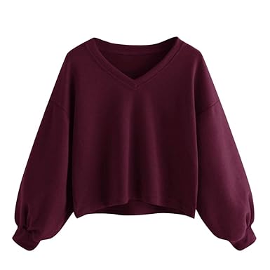Bluse Damen REALIKE Frau Elegant V-Ausschnitt Laterne Ärmel Sweatshirt Einfarbig Bauchfrei Pullover Patchwork Kurz Jumper Cas